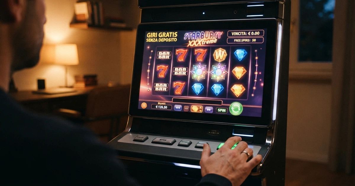 Una schermata di slot machine con il contatore dei giri gratis in evidenza e la dicitura «senza deposito»