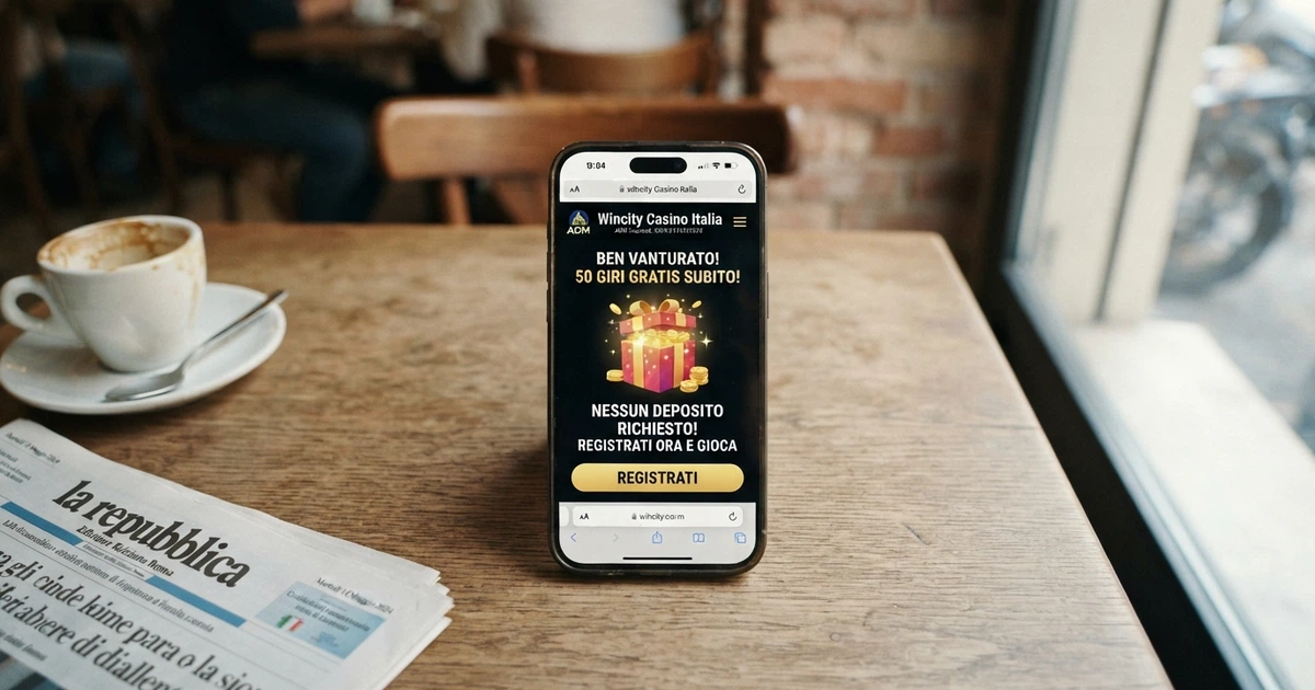 Uno schermo di smartphone con la schermata di registrazione di un casinò online e l'icona di un regalo che rappresenta i giri gratis in evidenza