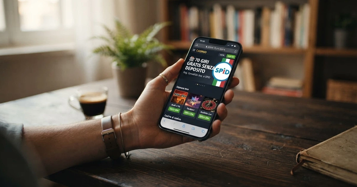 Schermata di un casinò online italiano con interfaccia in italiano che mostra una promozione di giri gratis senza deposito, affiancata dall'icona dello SPID