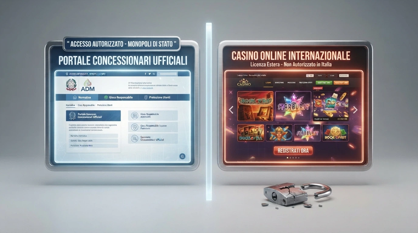 Logo dell'Agenzia delle Dogane e dei Monopoli accanto al simbolo del lucchetto spezzato, schermo diviso tra il portale ADM e un generico casinò offshore
