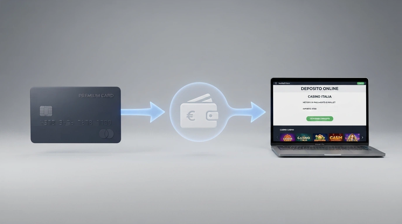 Schema visivo del flusso di pagamento: carta American Express → e-wallet (PayPal/Skrill/Neteller) → casinò online ADM, con icone per ciascun passaggio.