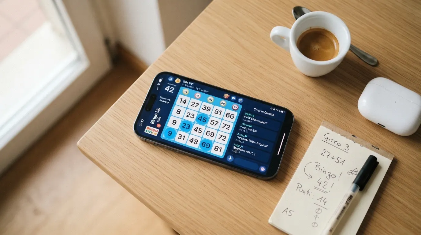 Uno smartphone con l'interfaccia di un'app bingo ADM in primo piano, cartella attiva e chat di sala visibile