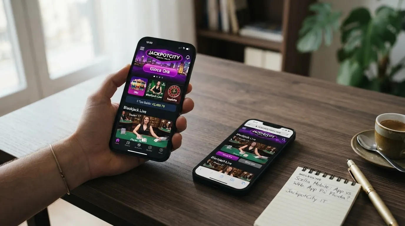 Un telefono con l'icona di un'app casinò sulla schermata home accanto a un secondo telefono con lo stesso casinò aperto nel browser