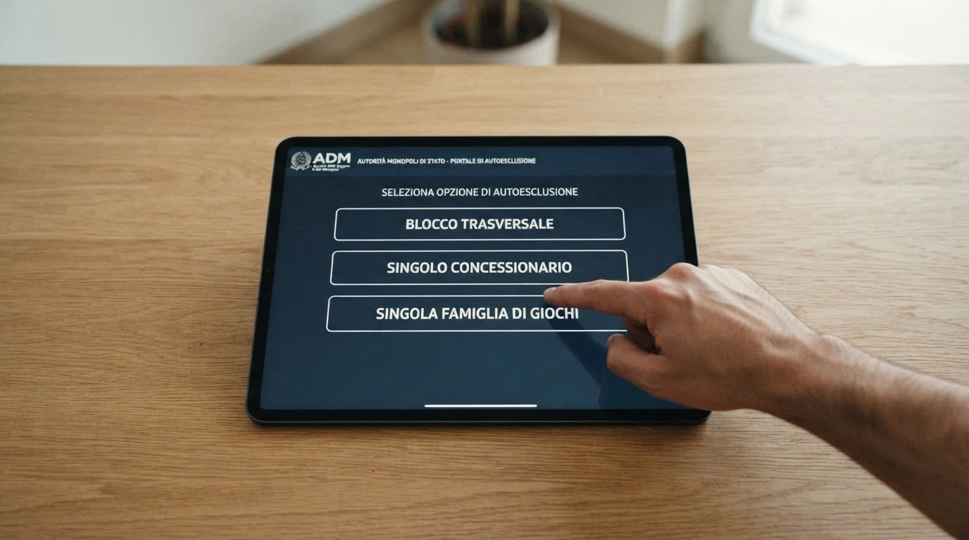 Schermata dell'area riservata ADM con le tre opzioni di autoesclusione: blocco trasversale, singolo concessionario, singola famiglia di giochi