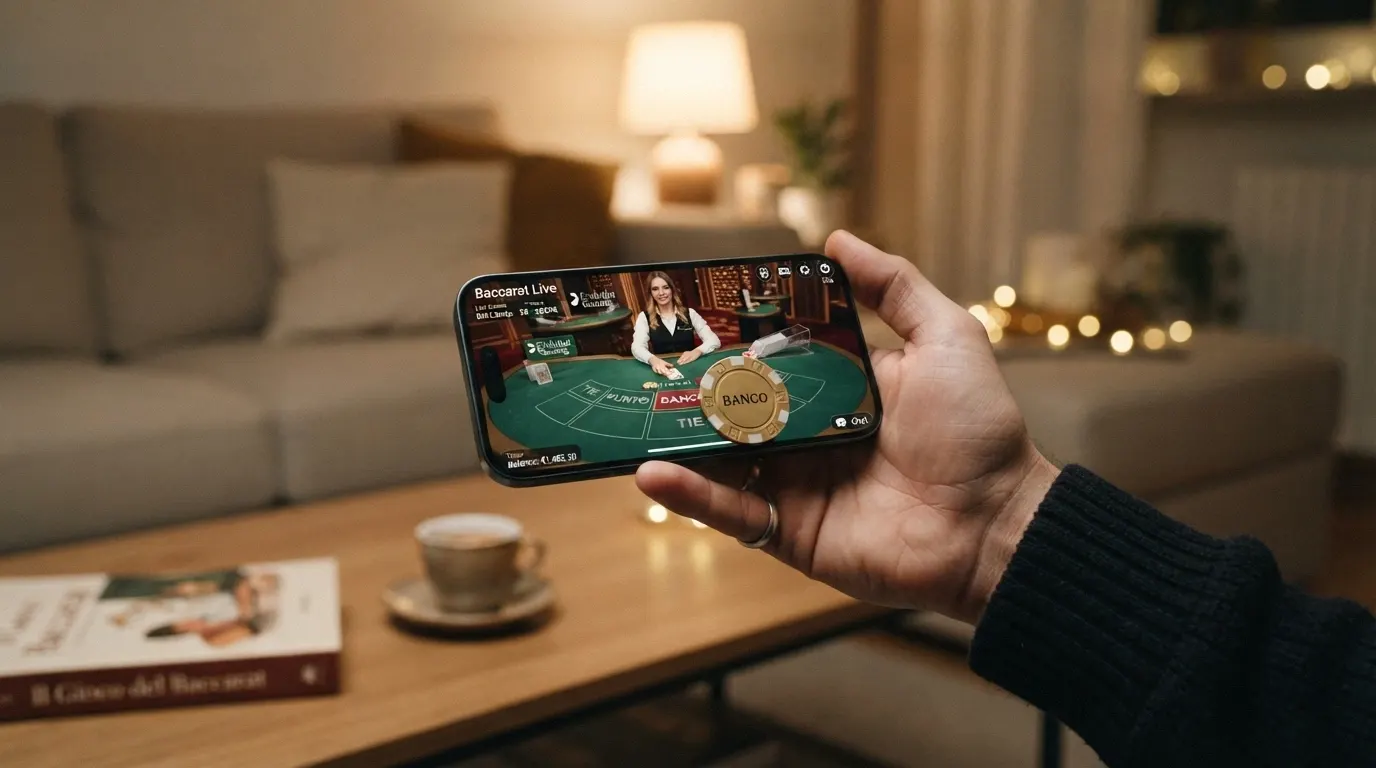 Uno smartphone in orientamento orizzontale con l'interfaccia di un tavolo di baccarat live aperta nel browser, le carte visibili e i pulsanti di puntata in basso