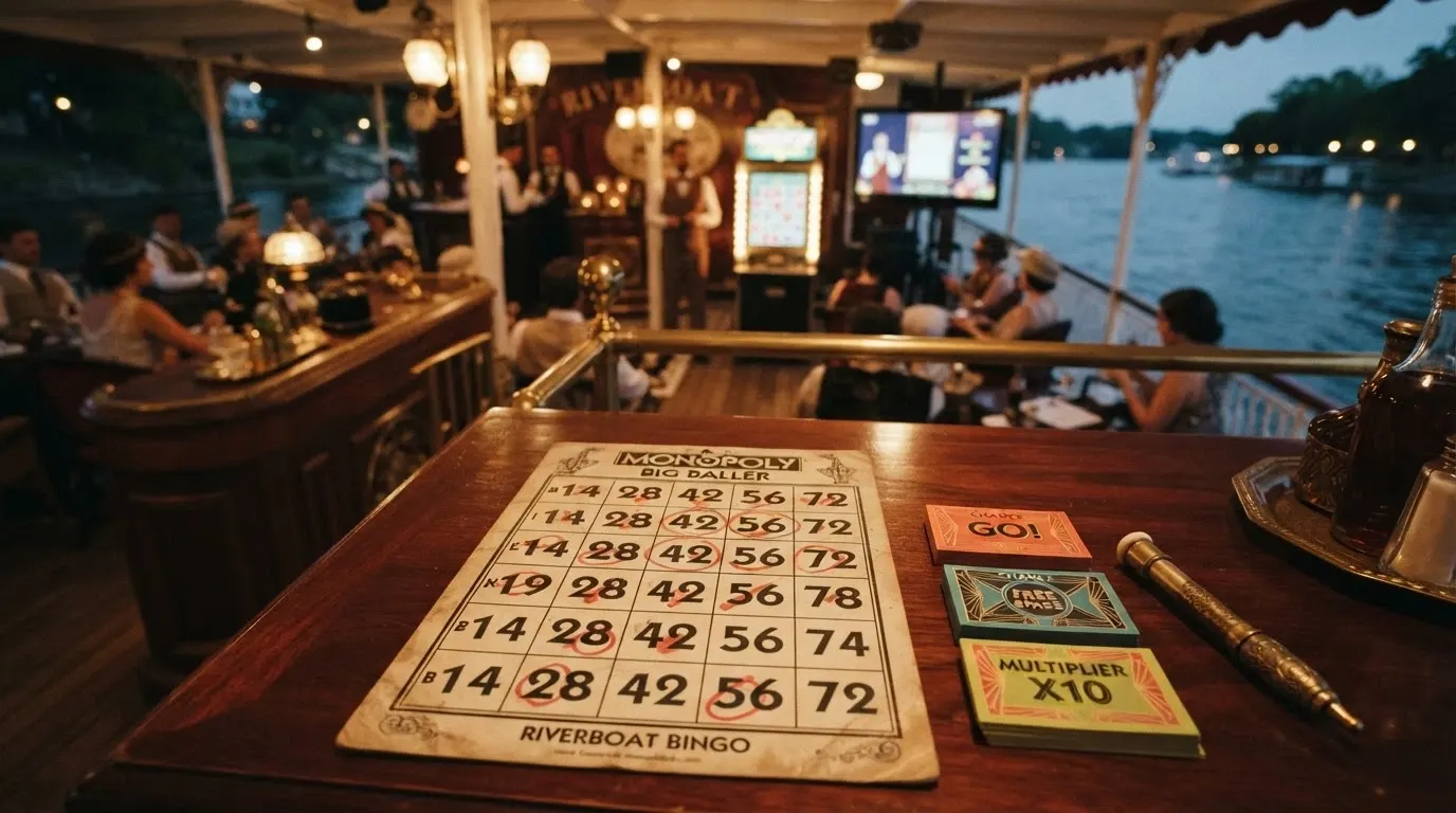Una carta Big Baller 5×5 con palline estratte e carte Chance laterali, nell'ambientazione anni '20 del battello fluviale