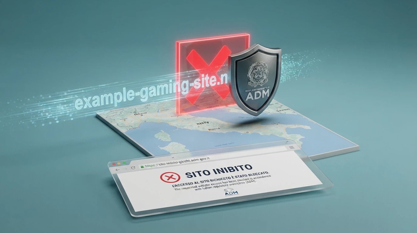 Una mappa concettuale che mostra un dominio di casinò colpito da un blocco DNS e reindirizzato alla schermata ufficiale ADM di sito inibito