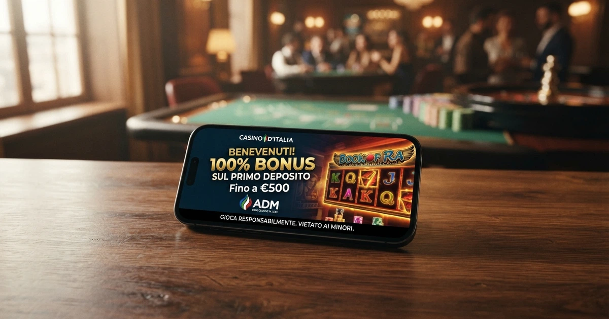 Interfaccia di un casinò online italiano con concessione ADM che mostra la schermata di benvenuto con l'offerta di un bonus di corrispondenza del 100% sul primo deposito.