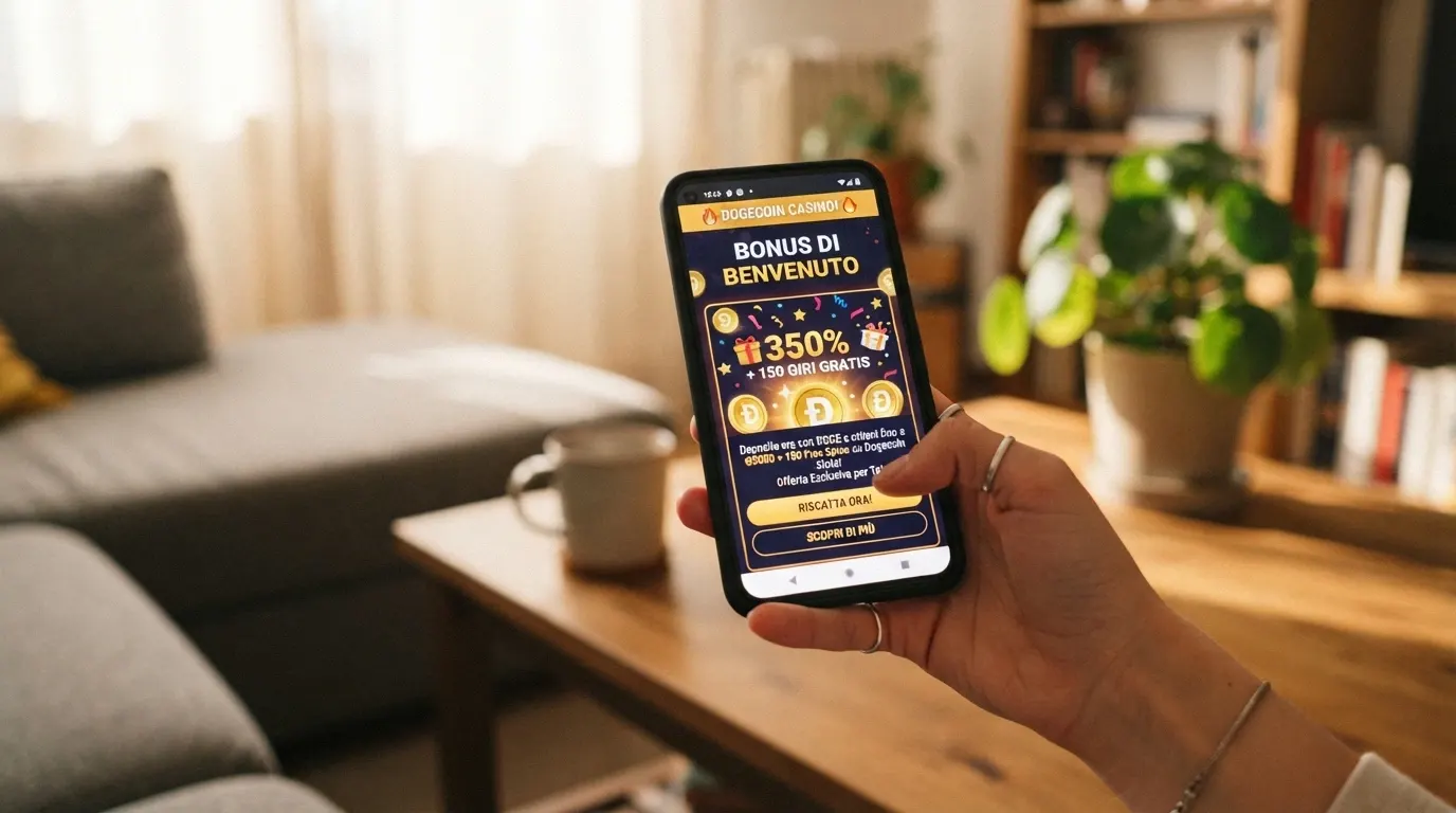 Schermata di un pannello promozionale con percentuale di match, free spin e termini del bonus di un casinò crypto