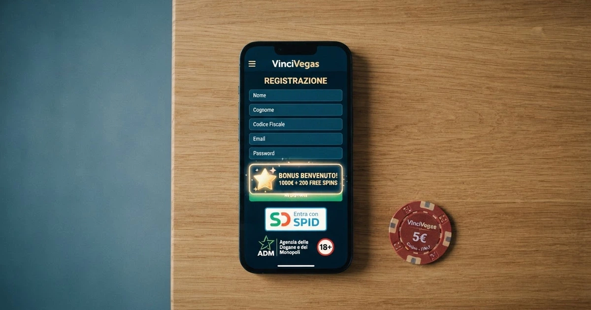 Uno schermo di smartphone che mostra la schermata di registrazione di un casino online italiano con l’icona del bonus in evidenza e il simbolo SPID visibile