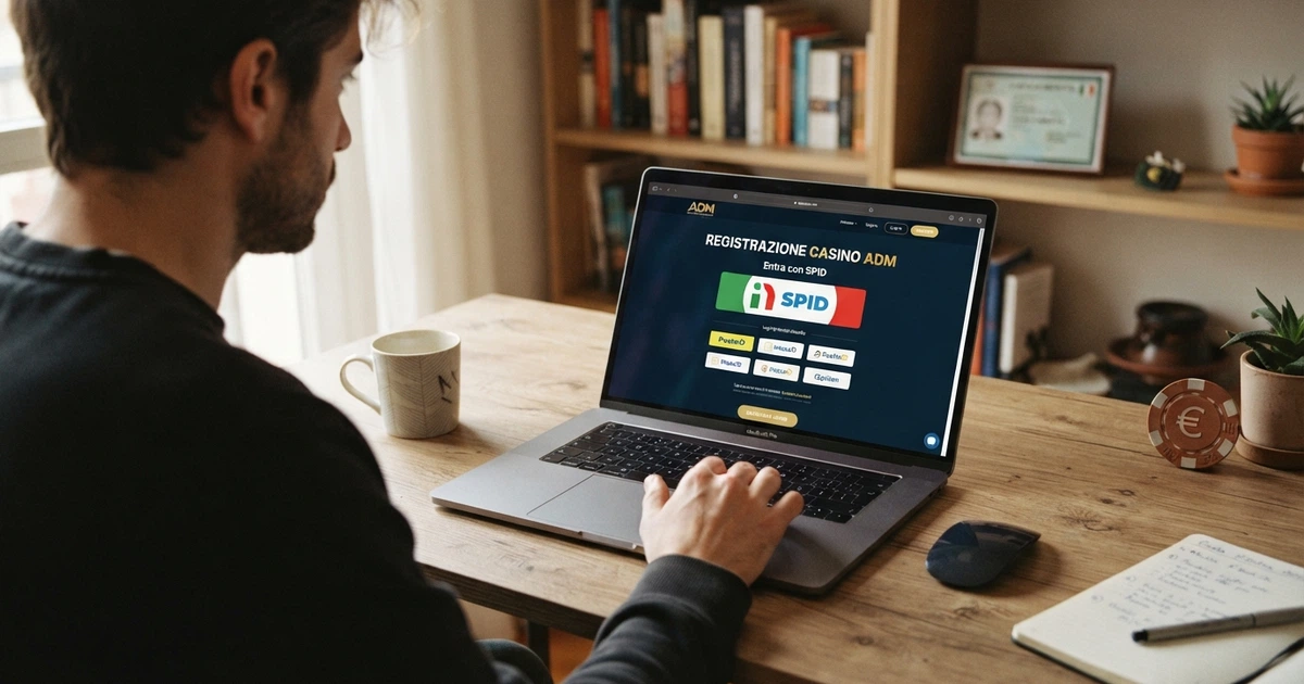Un pulsante «Entra con SPID» sullo schermo di un computer portatile, affiancato dal logo dell'ADM e da una carta d'identità italiana