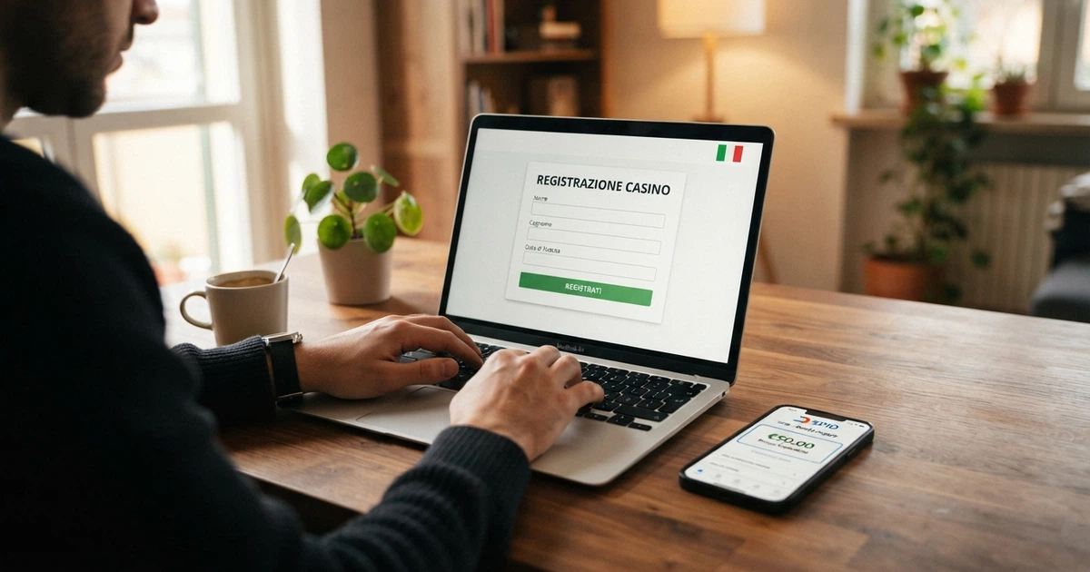 Un giocatore davanti allo schermo di un computer con l'interfaccia di registrazione di un casinò online visibile, accanto un telefono con l'app SPID aperta