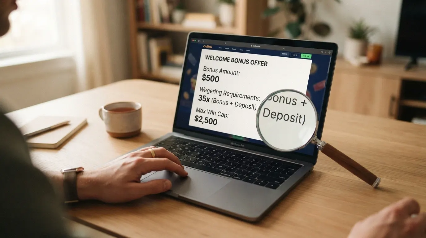 Tre riquadri impilati che mostrano le condizioni di un bonus senza deposito: l'importo del bonus in evidenza, il moltiplicatore di wagering e il tetto massimo di vincita, con una lente di ingrandimento sul wagering.