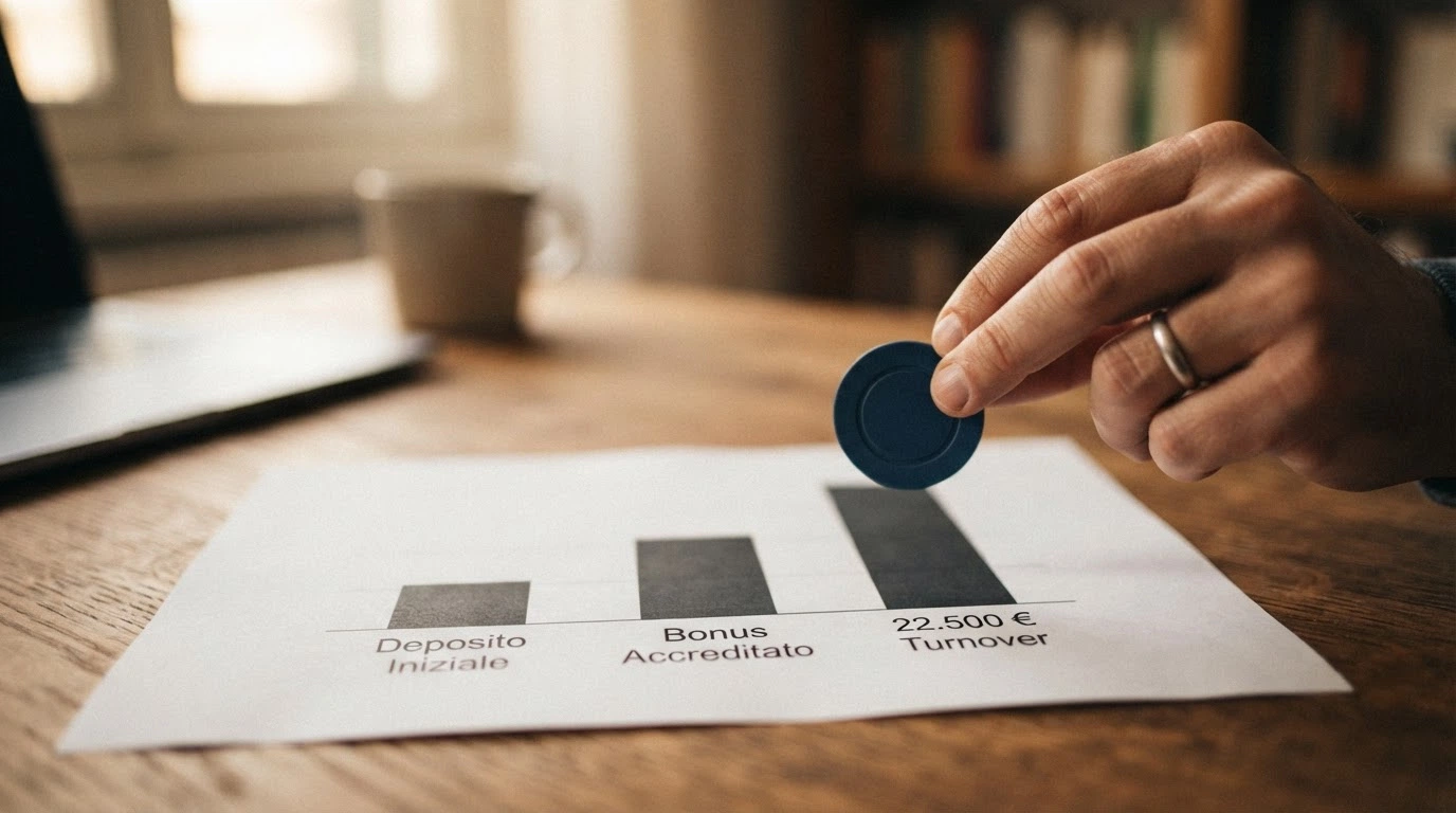 Schema che mostra come il requisito di puntata trasformi un bonus nominale in un costo atteso: un bonus da 500 € con wagering 45× genera oltre 20.000 € di turnover richiesto
