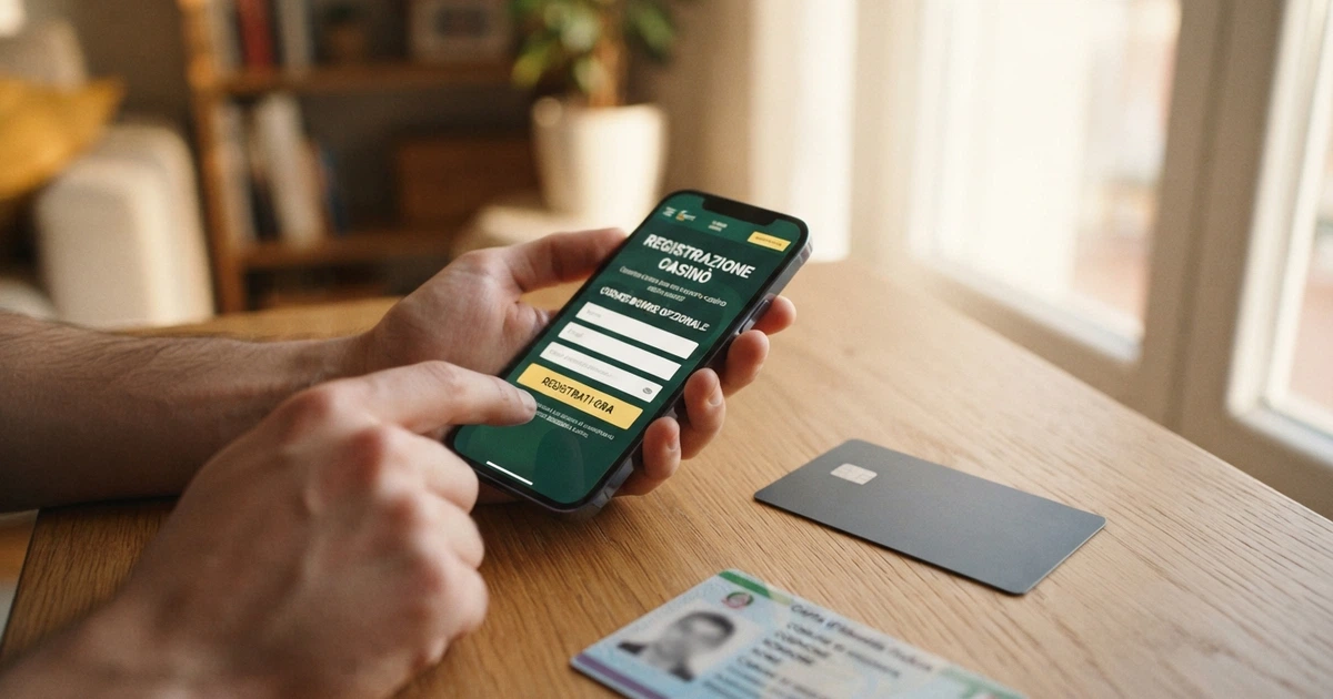 Una scrivania con uno smartphone che mostra la schermata di registrazione di un casino online, affiancato da un documento d'identità e una carta di pagamento