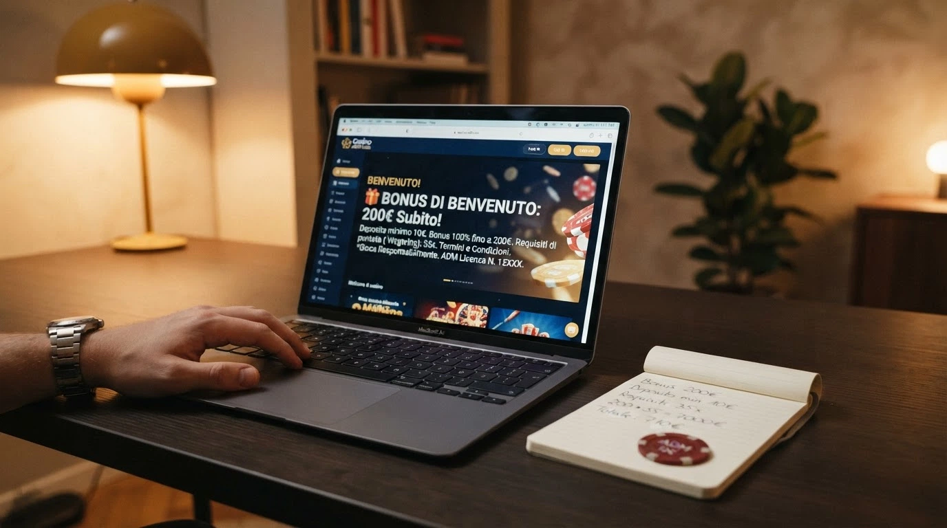 Un primo piano di una schermata di benvenuto di un casinò ADM con l'importo del bonus in evidenza e, in secondo piano, i termini del wagering in caratteri più piccoli