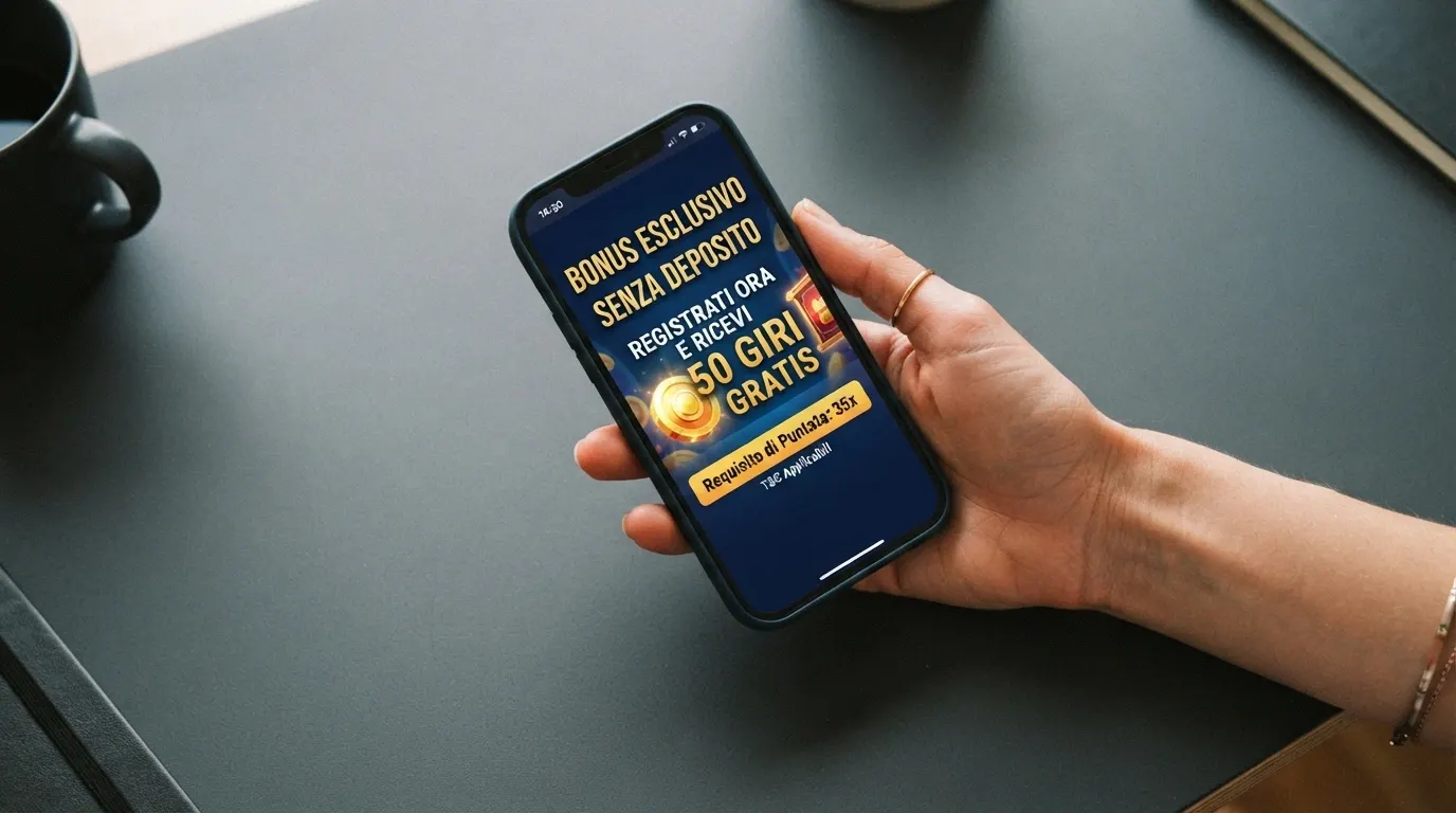 Schermata promozionale con riquadro bonus di benvenuto, giri gratuiti e condizioni di puntata in evidenza