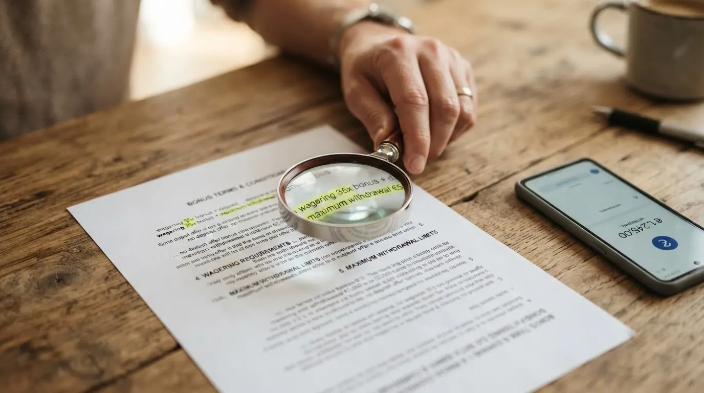 Una lente di ingrandimento su un contratto di bonus con i termini «wagering 35x» e «prelievo massimo» evidenziati in giallo