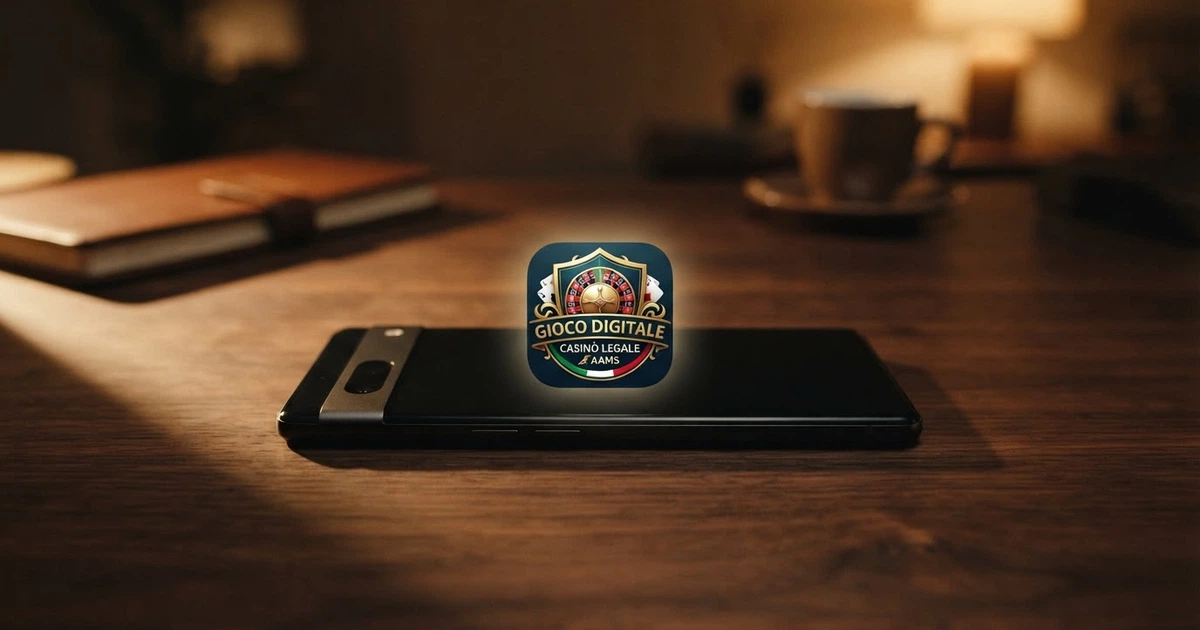 Uno smartphone Android con l'icona di un'app casinò sullo schermo, affiancato da elementi grafici che richiamano il gioco regolamentato italiano