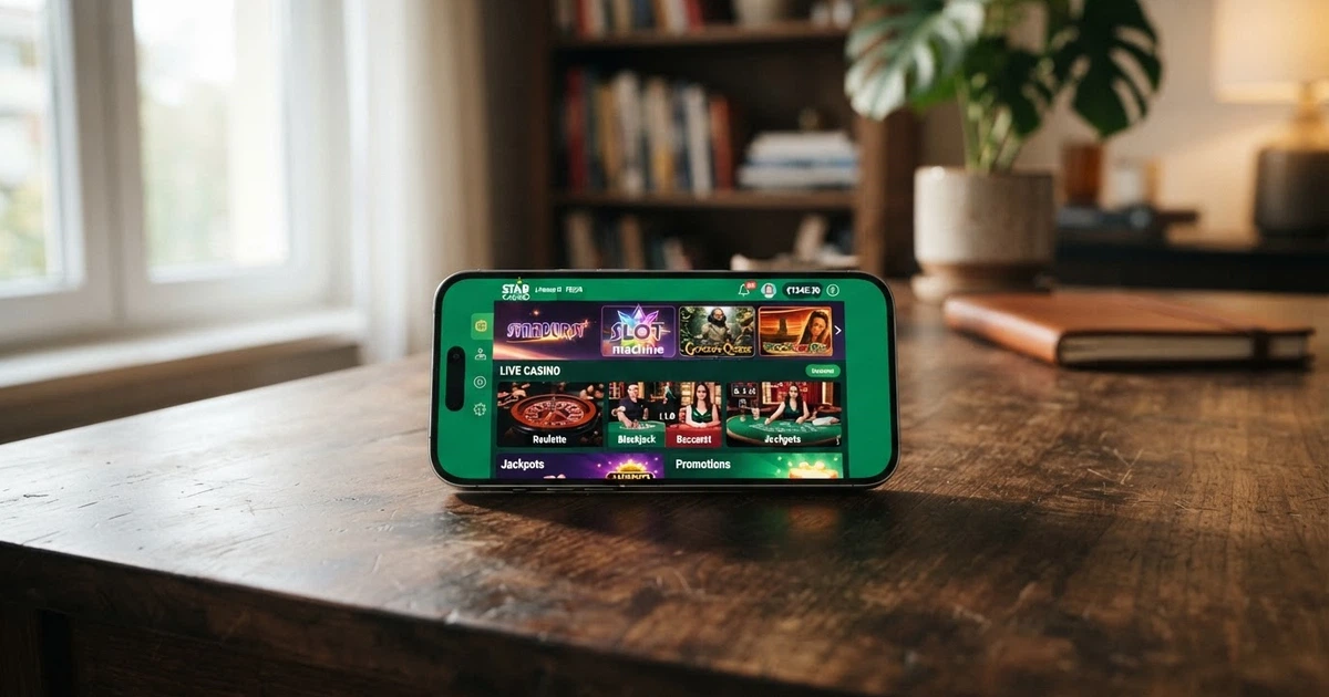 Interfaccia di un casinò online con licenza ADM visualizzata sullo schermo di un iPhone, con giochi in evidenza e menu di navigazione touch