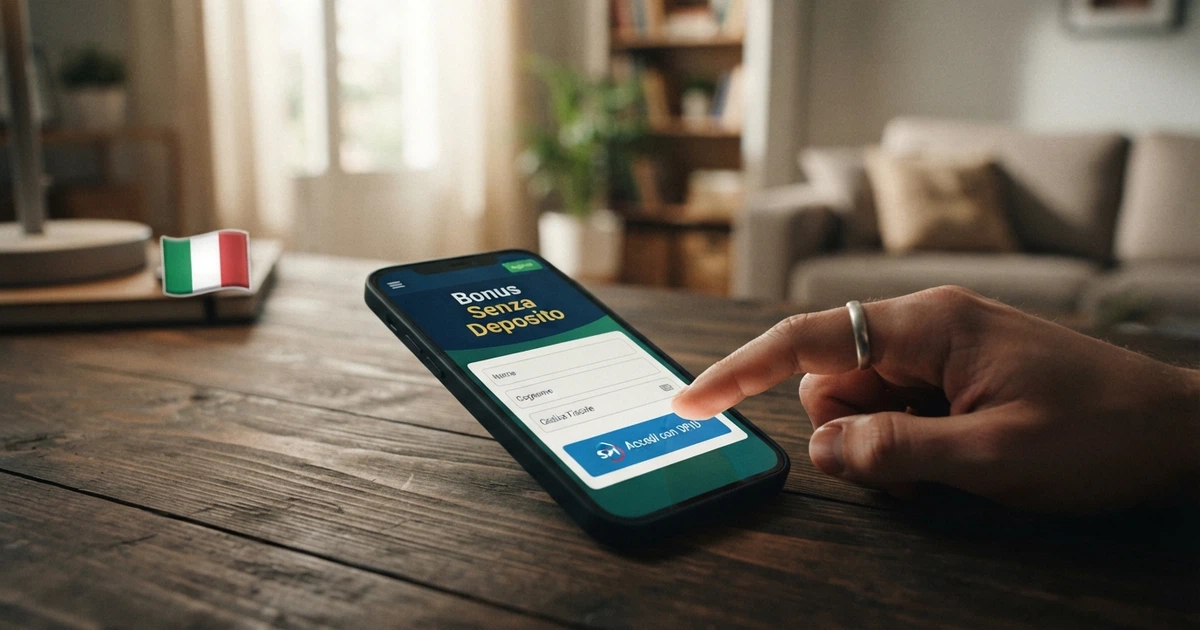 Uno schermo di smartphone con l'interfaccia di registrazione di un casinò online italiano, il pulsante di accesso SPID in primo piano e la dicitura «Bonus Senza Deposito» visibile sullo sfondo