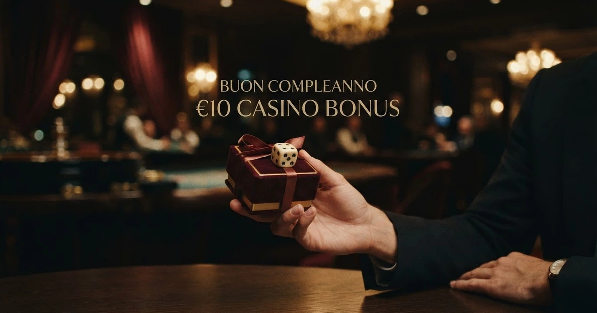 Una mano che porge un piccolo pacco regalo con un dado da casinò e la cifra 10€ in sovrimpressione, su uno sfondo scuro con luci soffuse da casinò