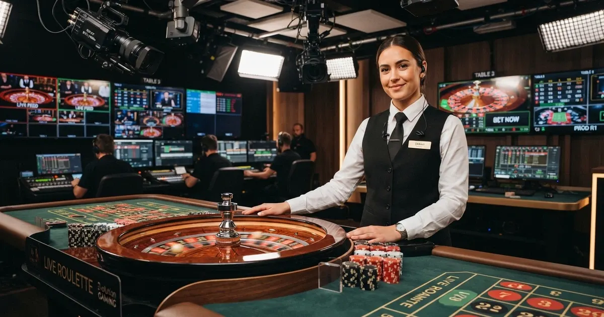 Un croupier dal vivo in uniforme davanti a una ruota della roulette in uno studio professionale, inquadrato con illuminazione televisiva e telecamere multiple sullo sfondo