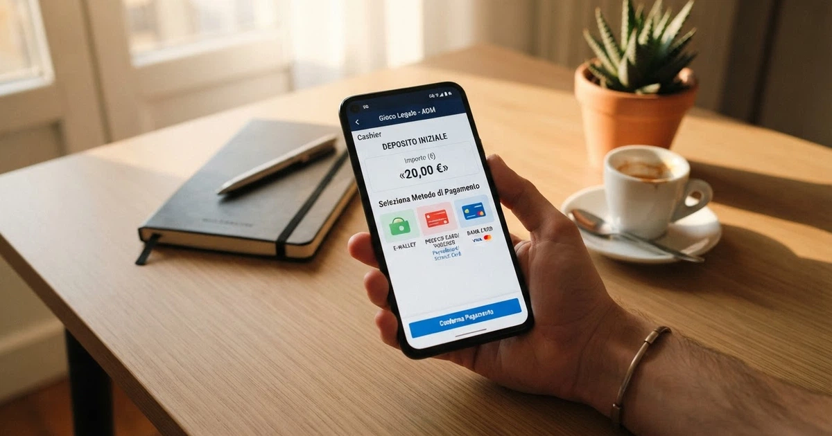Schermata di un casinò online ADM con la cassa di deposito aperta, l'importo di 20 euro inserito e i metodi di pagamento disponibili in evidenza