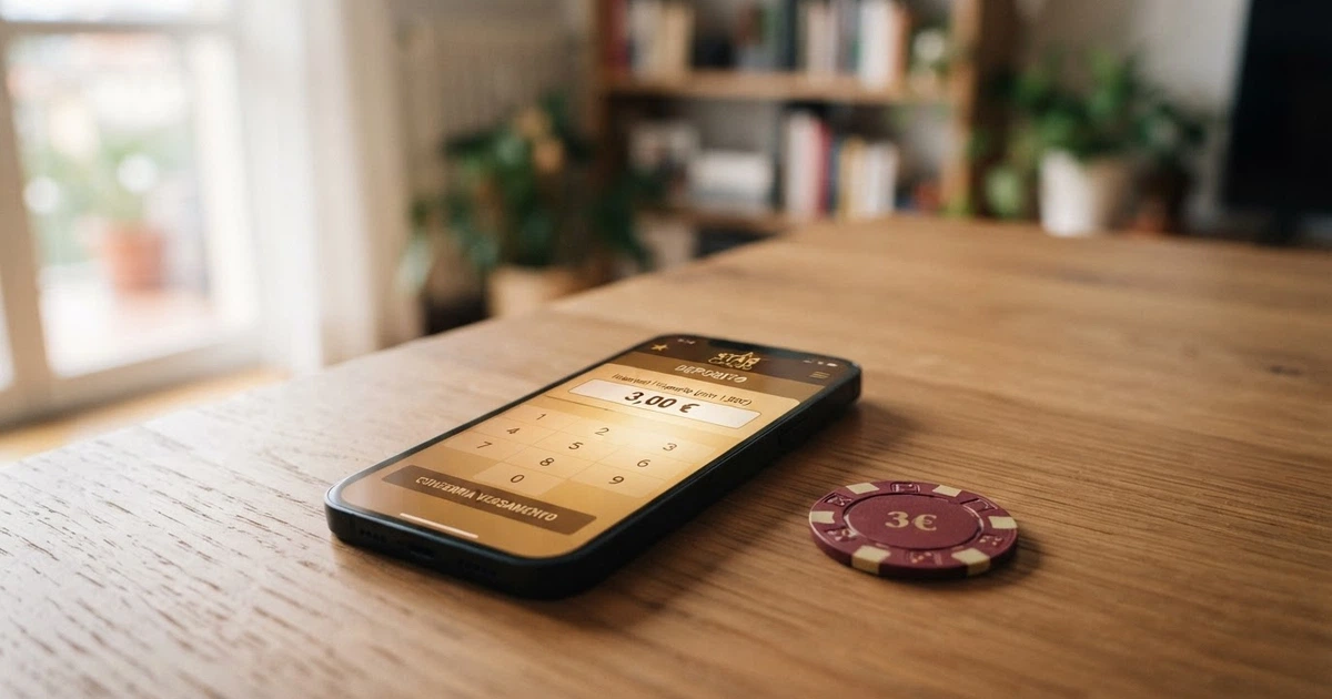 Uno smartphone che mostra la schermata di deposito di un casinò online con l'importo di 3 euro selezionato e il logo di un metodo di pagamento