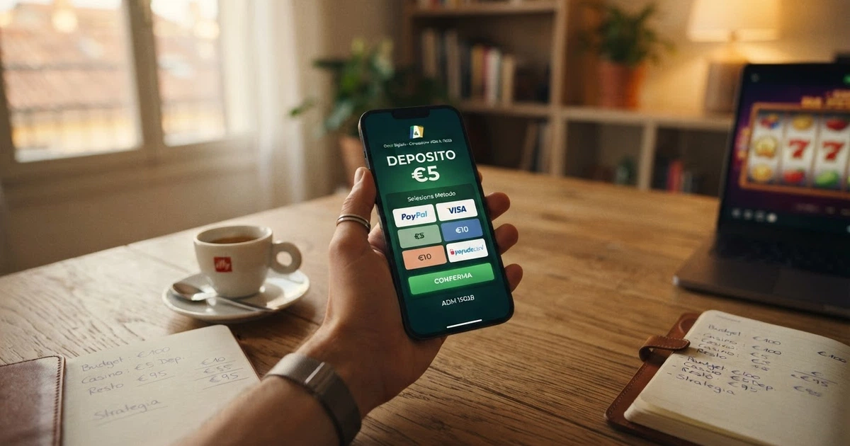 L'interfaccia di deposito di un casinò online con licenza ADM che mostra l'opzione di ricarica minima da 5 euro, con i loghi dei metodi di pagamento accettati