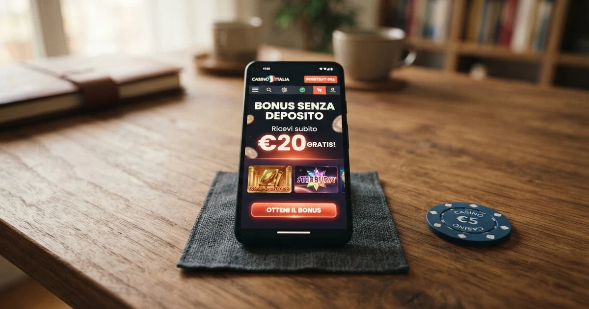 Interfaccia di un casinò online in lingua italiana con la sezione bonus senza deposito in evidenza e il logo dell'operatore nella barra superiore