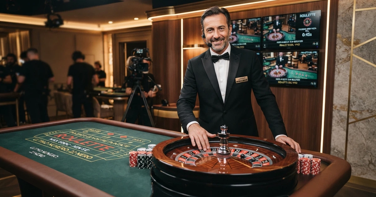 Un croupier in giacca e papillon sorride dietro un tavolo da roulette live, sullo sfondo uno studio di casinò con luci calde e monitor multipli.