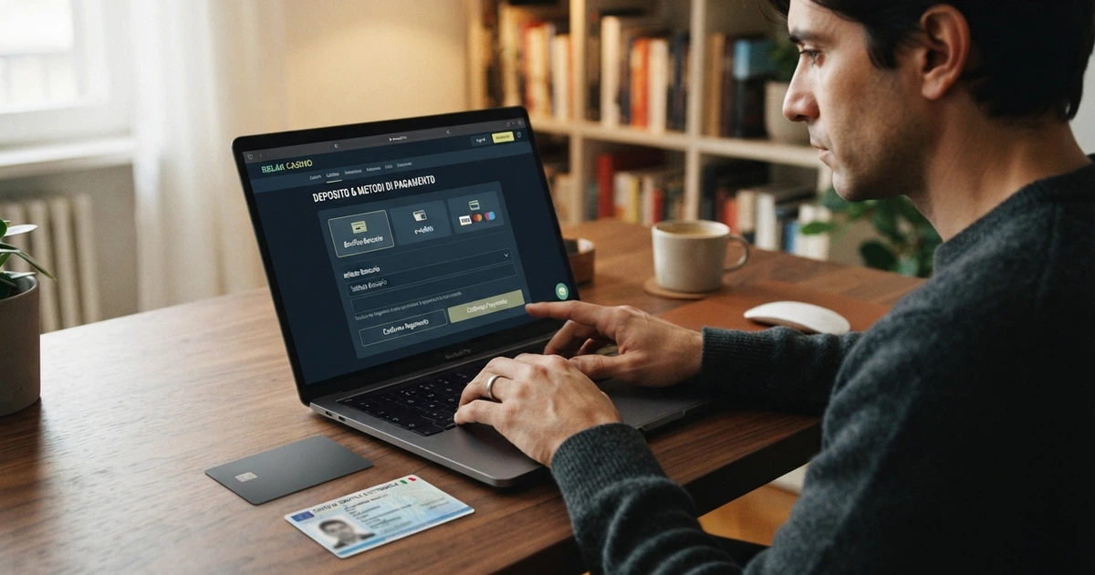 Un giocatore seduto davanti allo schermo di un computer che visualizza la pagina cassa di un casinò online con il logo MyBank tra i metodi di pagamento disponibili, affiancato da un documento d'identità e una carta bancaria.