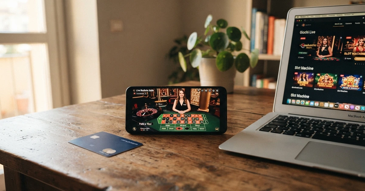 Un giocatore consulta il telefono con il logo Neteller visibile sullo schermo, accanto a una carta di credito e un portatile aperto su un casinò online