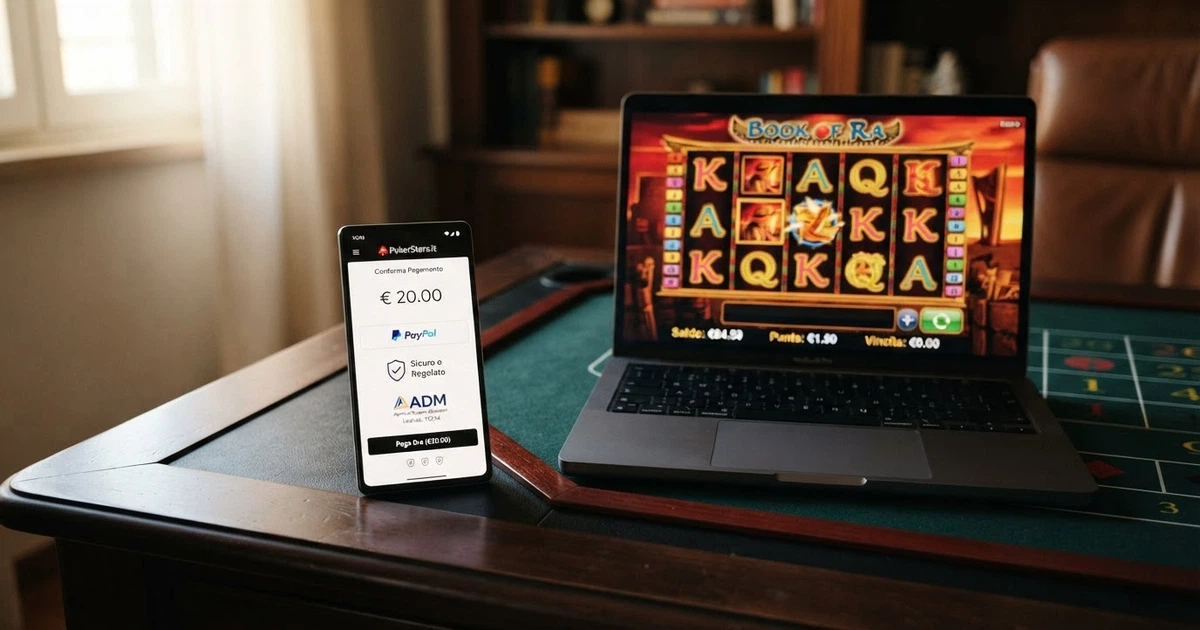 Un telefono che mostra l'interfaccia di pagamento PayPal accanto alla schermata di un casinò online con il simbolo del lucchetto di sicurezza