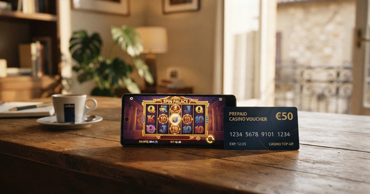 Un telefono con lo schermo acceso su un casinò online e un voucher Paysafecard appoggiato accanto, con il codice PIN a 16 cifre in evidenza