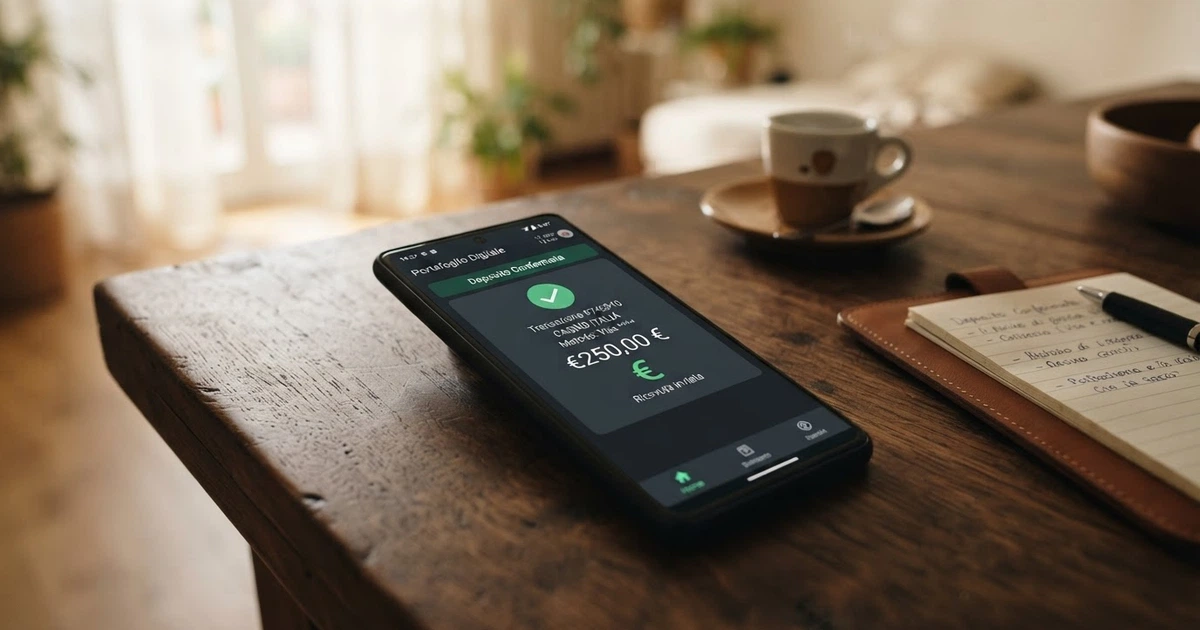 Uno smartphone con l'app Satispay aperta accanto allo schermo di un casinò online, con il simbolo dell'euro e la conferma di pagamento