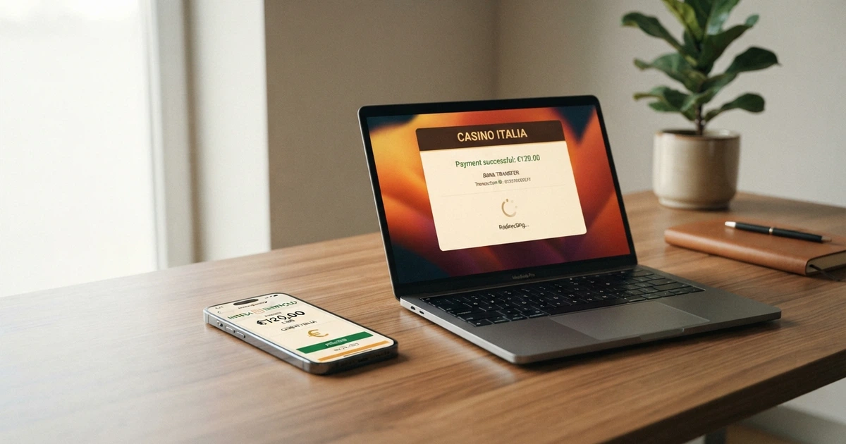 Un telefono e un computer affiancati mostrano l'interfaccia di Trustly durante un deposito su un casinò online, con il logo di una banca italiana sullo sfondo