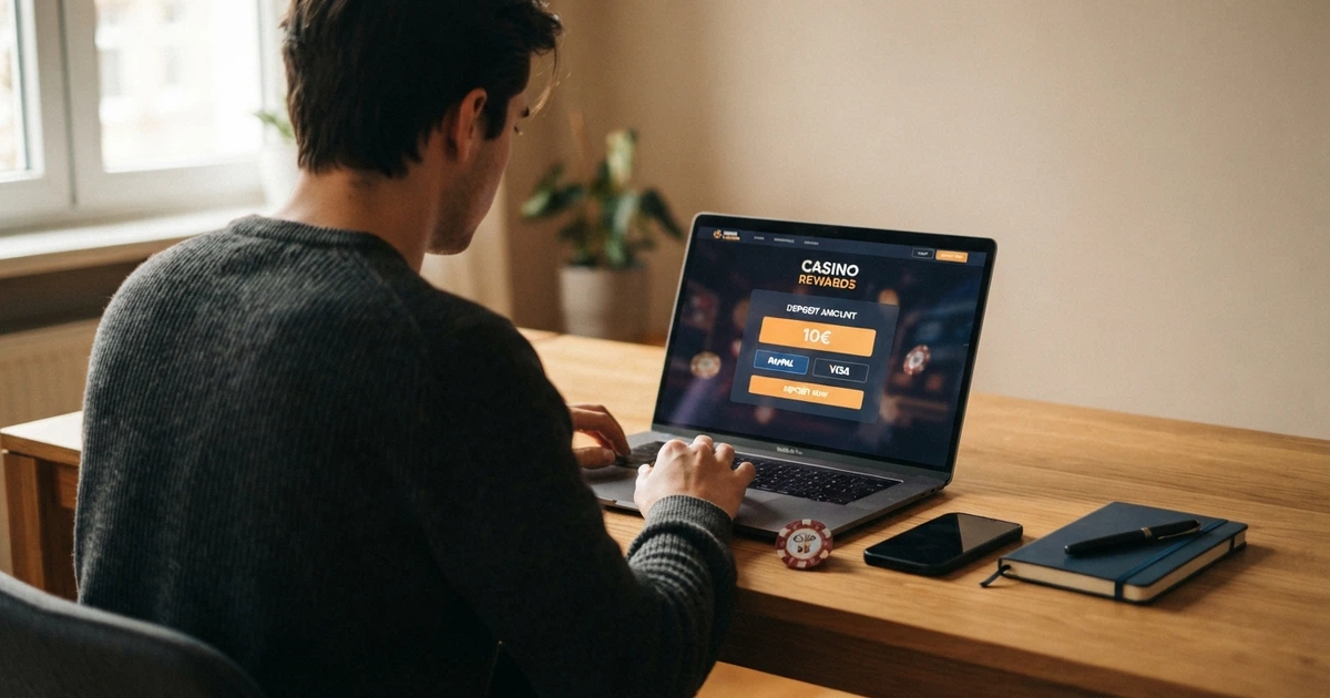 Un giocatore davanti allo schermo di un computer che consulta una pagina di confronto tra casinò online, con l'interfaccia di deposito aperta e la cifra di 10 euro evidenziata