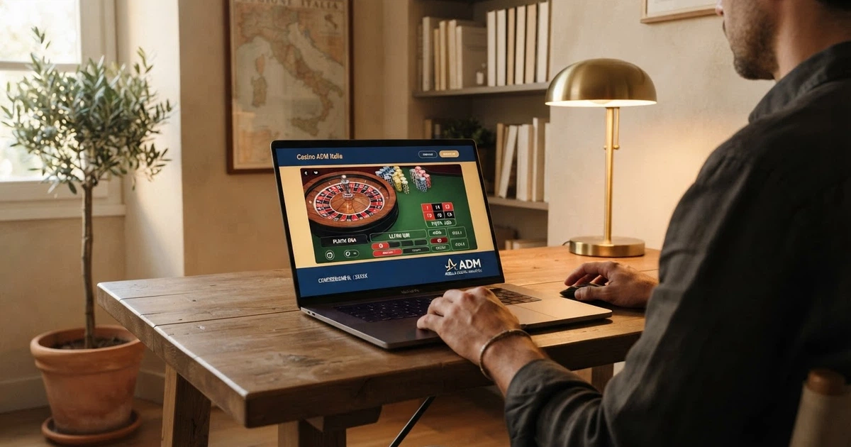 Un casinò online legale con licenza ADM visualizzato sullo schermo di un computer, con il simbolo del lucchetto e il logo ADM visibili nel footer