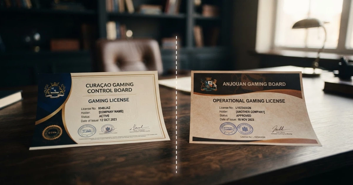 Due licenze di gioco affiancate — il logo della Curaçao Gaming Authority a sinistra e il sigillo dell'Anjouan Gaming Authority a destra, separati da una linea tratteggiata su sfondo scuro
