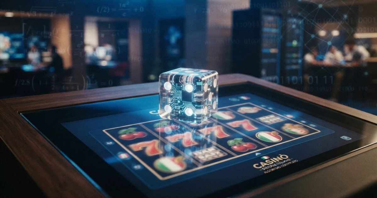 Un'illustrazione che mostra un dado trasparente con circuiti elettronici al suo interno, sospeso sopra il piano di una slot machine digitale, su uno sfondo blu tecnologico con formule matematiche in trasparenza