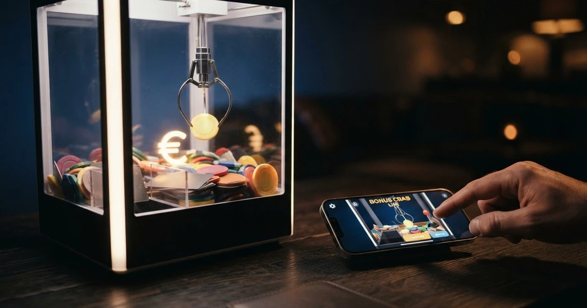 La schermata di un casinò online con la macchina Bonus Crab attiva, artigli meccanici pronti a calare su premi luminosi