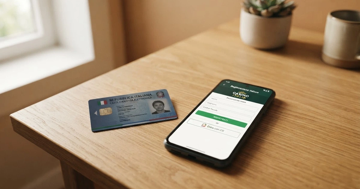 Una Carta d'Identità Elettronica italiana appoggiata accanto a uno smartphone che mostra la schermata di registrazione di un casinò online con il pulsante «Entra con CIE»