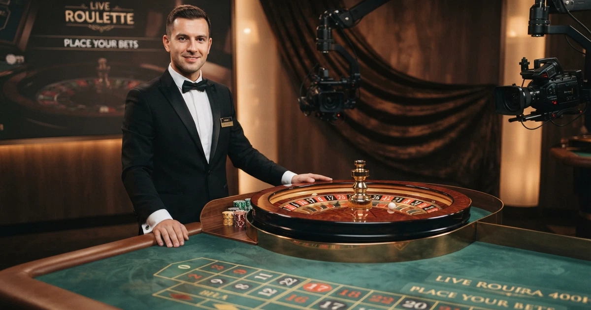Un croupier dal vivo in smoking davanti a un tavolo da roulette in uno studio di registrazione professionale, con monitor multi-camera e interfaccia di gioco visibile