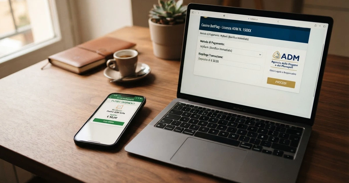L'interfaccia di un conto BancoPosta affiancata alla pagina di cassa di un casinò online ADM, con il logo di Poste Italiane visibile