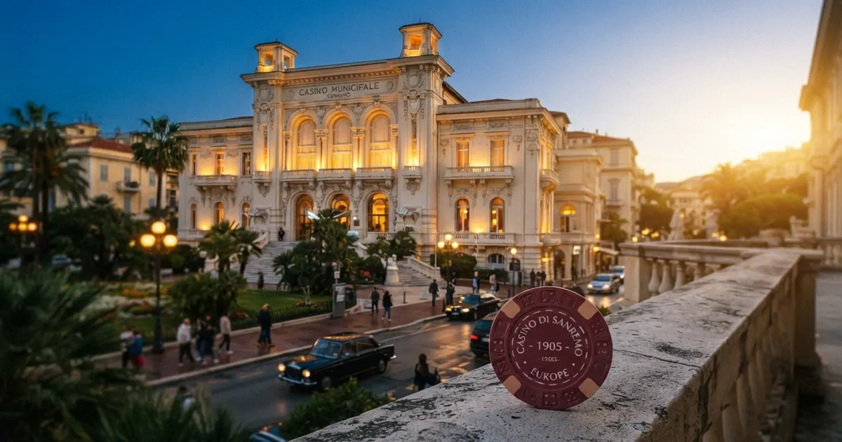 La facciata in stile Liberty del Casinò di Sanremo su Corso degli Inglesi 18, con palme e giardini della Riviera dei Fiori
