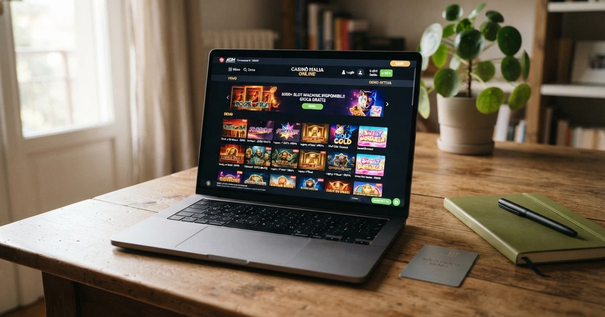 Interfaccia di un casinò online ADM in modalità demo con selezione di slot machine gratuite visibile sullo schermo di un laptop