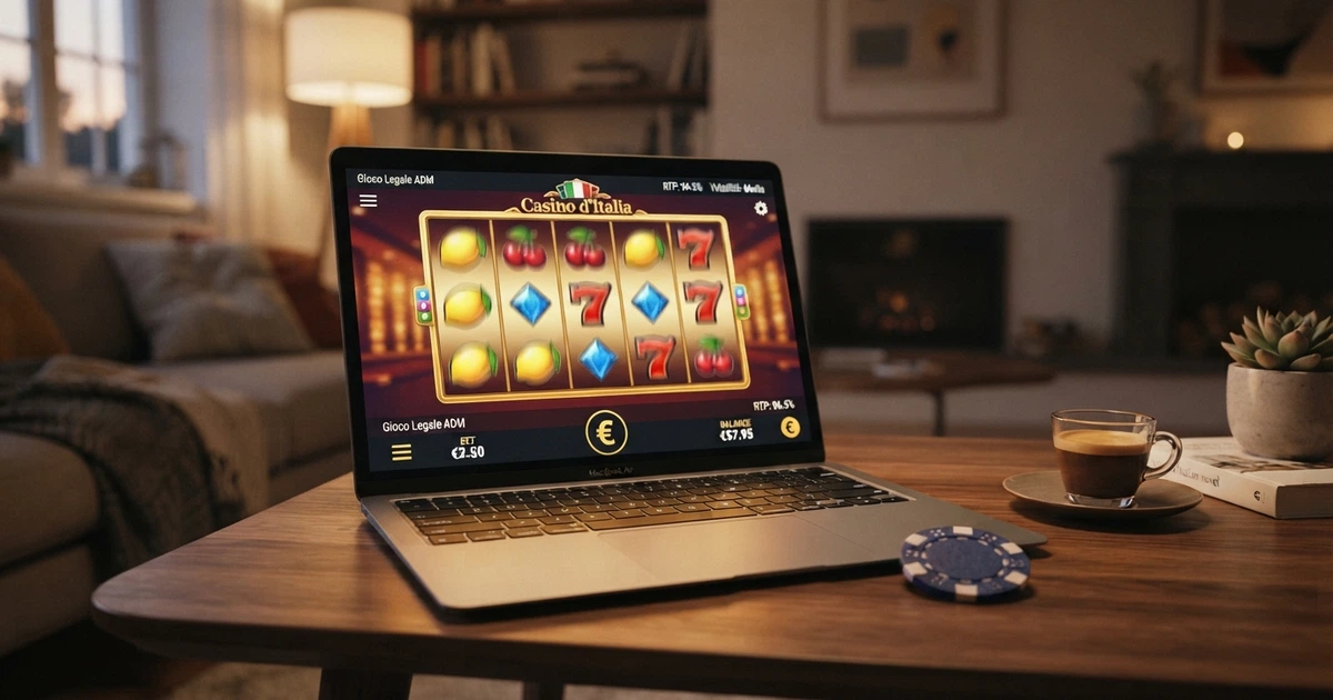 Interfaccia di un casino online con licenza ADM su schermo desktop e mobile, con sezione slot in evidenza