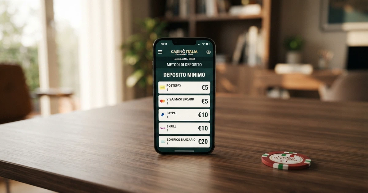 Uno smartphone con lo schermo aperto sulla pagina dei metodi di deposito di un casinò online, con le soglie minime di ricarica in evidenza accanto a ciascun metodo di pagamento